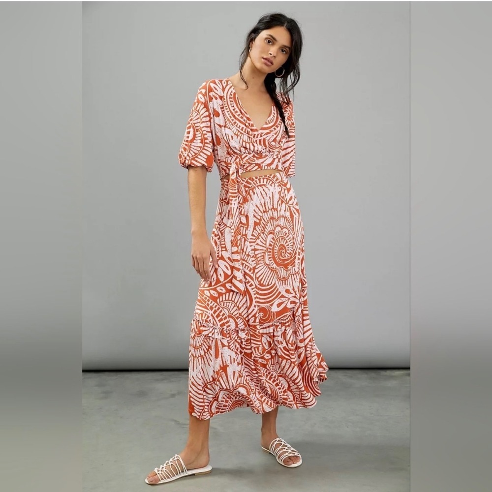 Anthropologie Rust Orange White Printed Wrap Maxi‎ Skirt and Top Large Boho